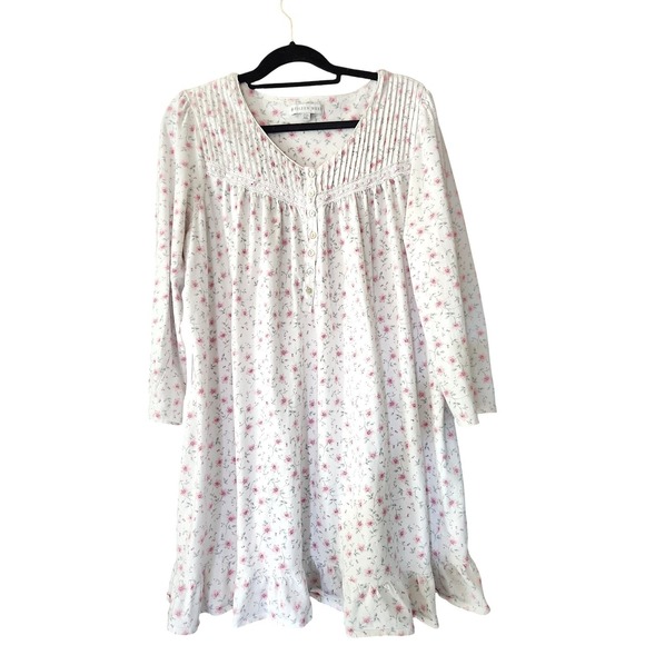 EILEEN WEST Pink Floral Cotton Long Sleeve Knee Length Nightgown Large Ruffle - Picture 10 of 10
